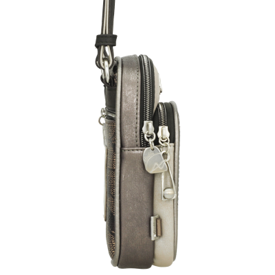 Bolsa pequena tiracolo metálica cinza e prata com fechos éclair e alça fina