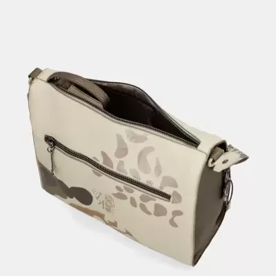 Bolsa bege com padrão abstrato e fechos de correr