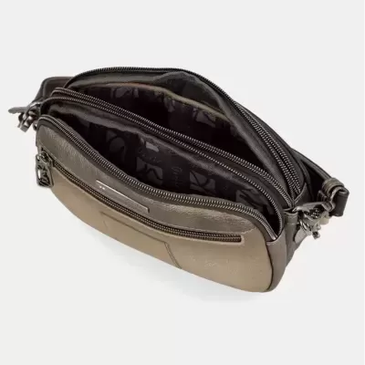 Bolsa de mão castanho e bronze com fechos de correr e interior forrado preto com padrão
