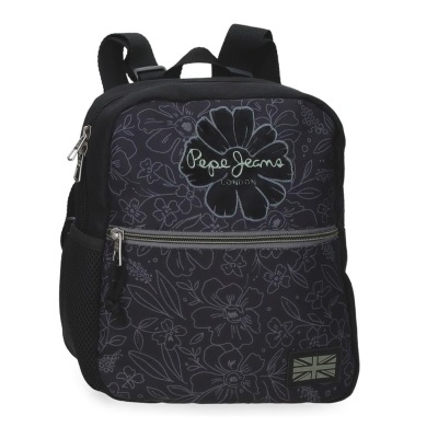 Mochila preta com padrão floral cinza claro e logo Pepe Jeans