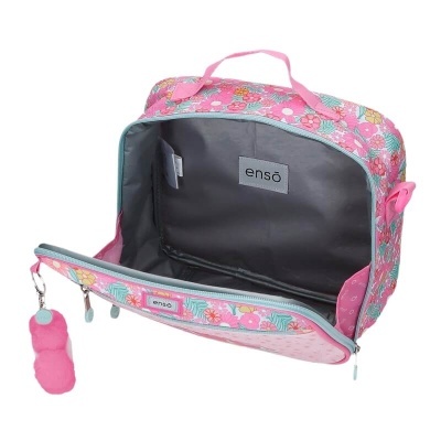 Estojo floral rosa com interior cinzento e pendente pompom rosa