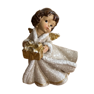 Figura decorativa de anjo com vestido claro e presente dourado