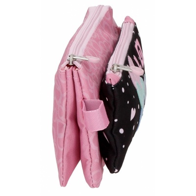 Estojo duplo rosa e preto com fechos de correr e padrão colorido