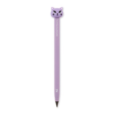 Lápis roxo com cabeça de gato lilás e texto INFINITE PENCIL