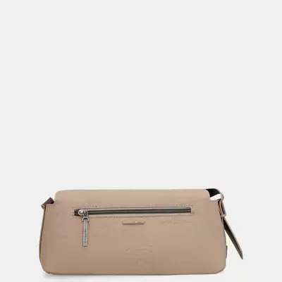 Mala de mão bege em couro sintético com fecho metálico frontal