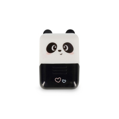Apontador plástico com design de panda preto e branco com corações