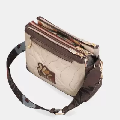 Bolsa de ombro bege e castanho com três fechos de correr e alça larga padrão