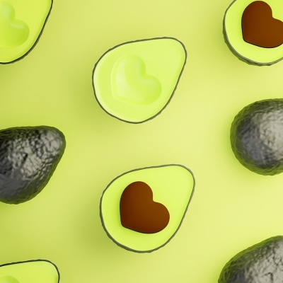 Abacates com polpa verde-limão e caroço em forma de coração castanho