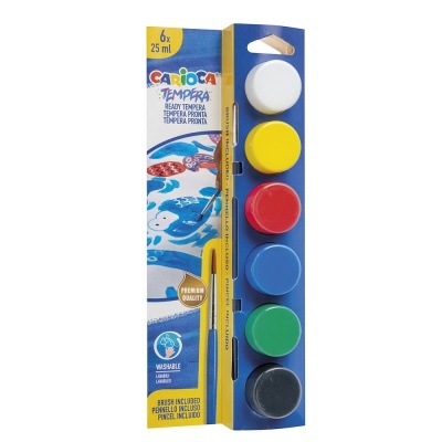 Conjunto de 6 tinteiros de tinta guache multicolor da marca CARIOCA na embalagem azul e amarela.