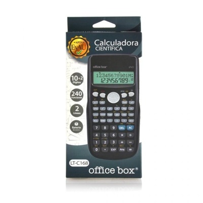 Caixa de calculadora científica Office Box LT-C168 preta com ecrã e texto descritivo