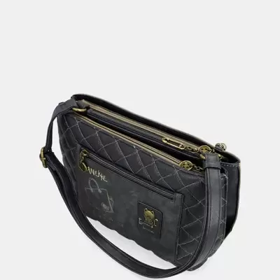 Mala de ombro preta com padrão acolchoado e bolso exterior com zíper