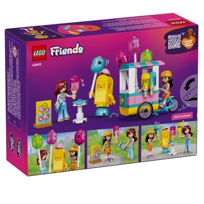Caixa do conjunto LEGO Friends com minifiguras e carrinho de gelados colorido