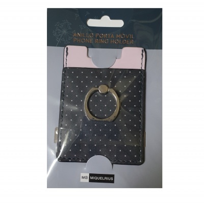 Porta móvel para telemóvel com padrão de bolinhas, topo rosa e anel metálico dourado