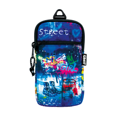 Estojo escolar azul com design street art e textos coloridos