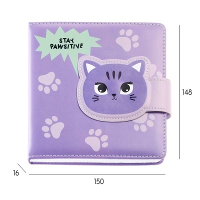 Carteira lilás com desenho de cabeça de gato e texto STAY PAWSITIVE