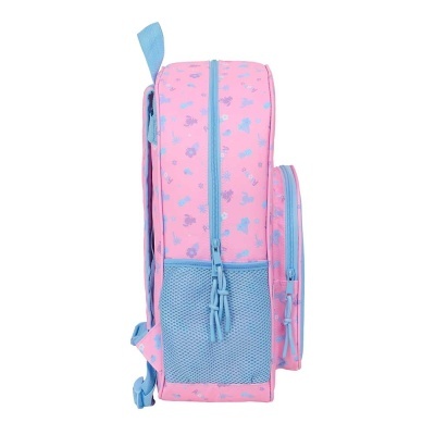 Mochila rosa com padrão azul e bolsos azuis