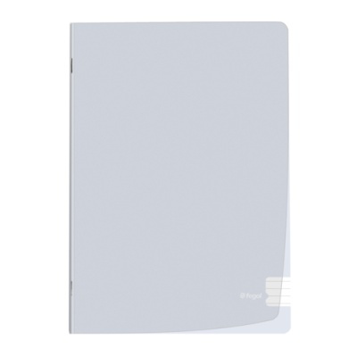 Caderno com capa cinzenta clara e texto branco fragil