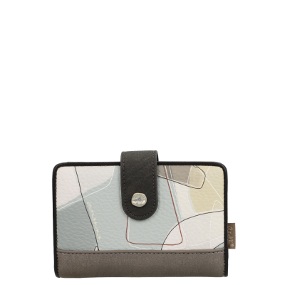 Carteira em couro com padrão abstrato e fecho de botão metálico