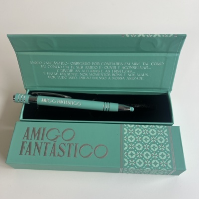 Conjunto presente de caneta verde água com caixa e mensagem interior