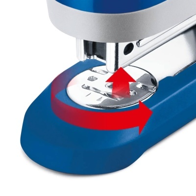 Mini grampeador azul com base de plástico e metal com setas vermelhas indicativas