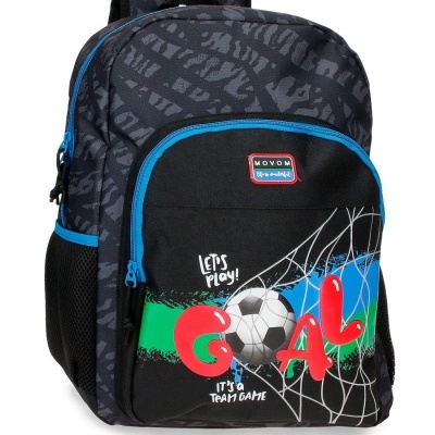 Mochila preta com padrão cinzento e desenho de futebol com a palavra GOAL