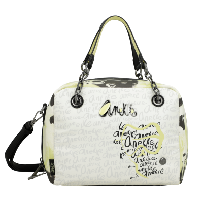 Mala branca com texto repetido 'anekke' e detalhes amarelos e pretos