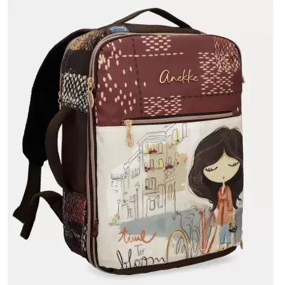 Mochila Anekke castanha e bege com ilustração e texto
