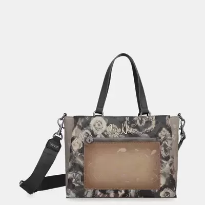 Mala de mão e ombro com padrão floral, bolso transparente e alças pretas
