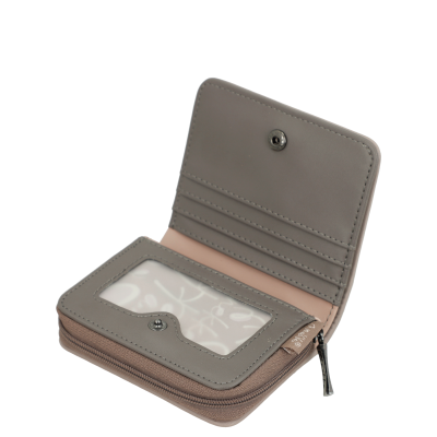 Carteira cinza sintética com divisórias para cartões e fecho de botão