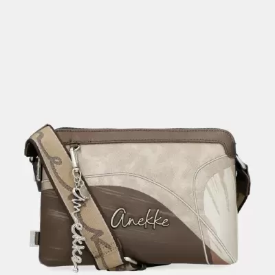 Mala de ombro Anekke castanha e bege com padrão abstrato e alça com puxador metálico