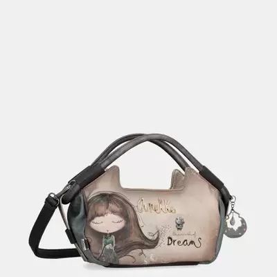 Bolsa de mão bege com ilustração de rapariga e texto em castanho