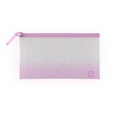 Estojo transparente com fecho cor-de-rosa e padrão de malha e pontos