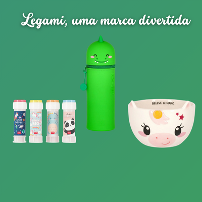 Produtos cosméticos coloridos com estojo de dinossauro verde e vaso de unicórnio