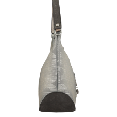 Saco de mão cinza com padrão floral e alça preta