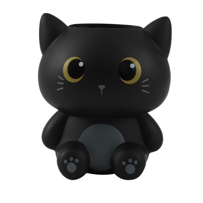 Vaso em forma de gato preto com olhos amarelos grandes e detalhes cinza.