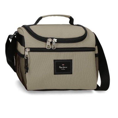 Bolsa de almoço bege com detalhes pretos e etiqueta Pepe Jeans Londres