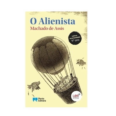 Capa do livro O Alienista de Machado de Assis com ilustração de balão de ar quente e texto azul e vermelho