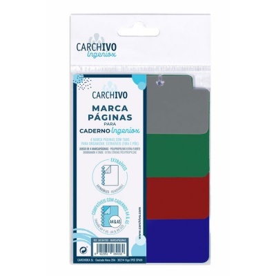 Marcadores de páginas coloridos em embalagem transparente com etiqueta branca e azul