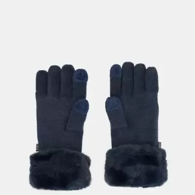 Luvas de malha azul escuro com punhos de pelo felpudo