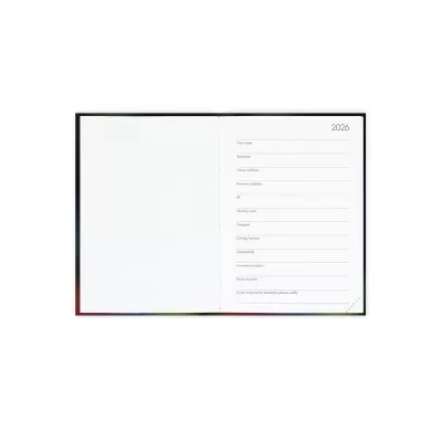 Caderno aberto com página para dados pessoais e ano 2026