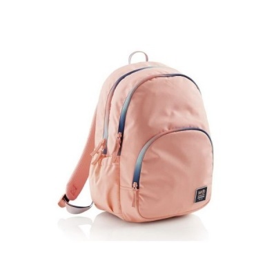 Mochila cor-de-rosa com zíperes azul-escuros e placa MB OUTFITS