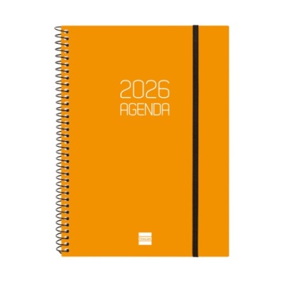 Agenda laranja 2026 com espiral e elástico preto