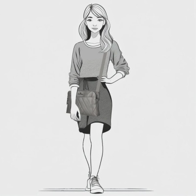 Ilustração preto e branco de mulher com saia, camisola e mala de ombro cinzenta