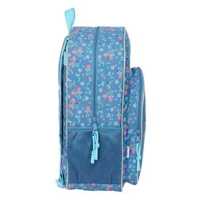 Mochila azul com padrão floral colorido e fechos de correr azuis