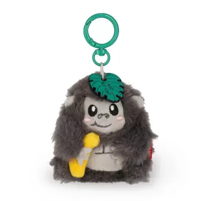 Chaveiro de peluche gorila cinzento com banana amarela e etiqueta verde