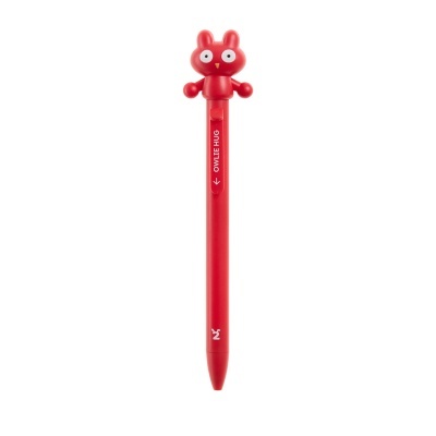 Caneta vermelha com personagem no topo e texto OWLIE HUG