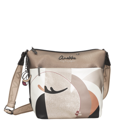 Mala de ombro Anekke em pele sintética bege com padrão abstrato colorido e alça ajustável.