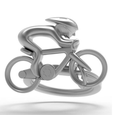 Escultura metálica estilizada de ciclista em bicicleta prateada