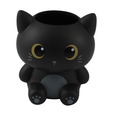 Vaso decorativo preto em forma de gato com olhos grandes amarelos e barriga cinzenta