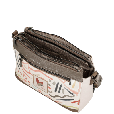 Mala de ombro cinza e bege com padrão abstrato colorido e fechos em zip